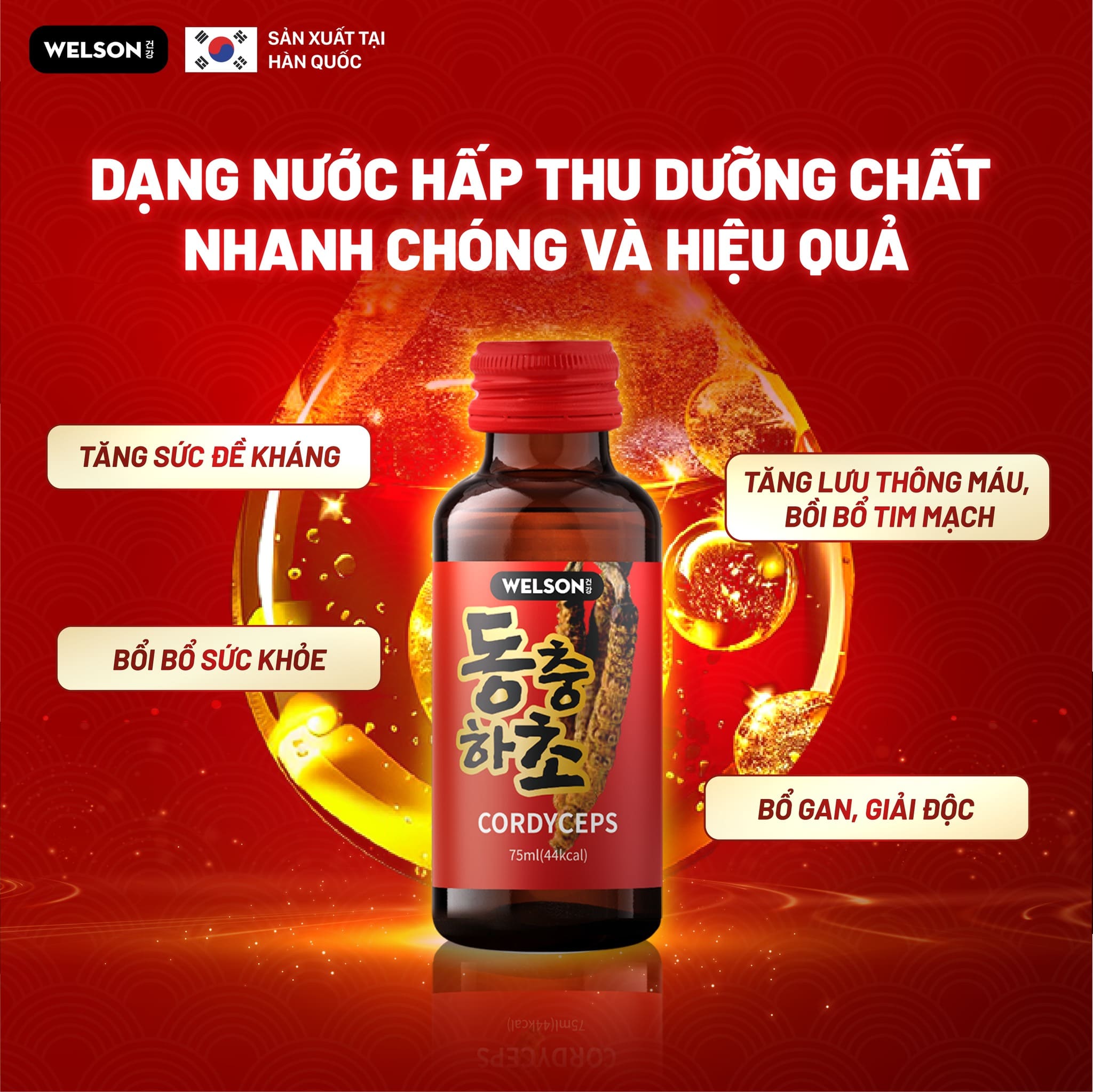 Nước uống đông trùng hạ thảo của nhà Welson sẽ giúp cơ thể bồi bổ sức khỏe, tăng sức đề kháng và lưu thông máu, hỗ trợ sức khỏe tim mạch. 